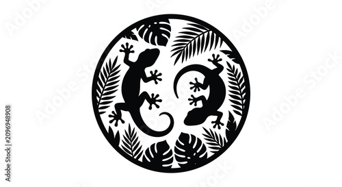 Bild auf Leinwand Lizards and tropical foliage within a circular frame black and white silhouette