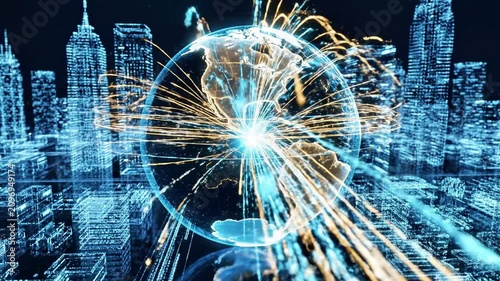 A futuristic cityscape with glowing skyscrapers and a metallic globe centered, radiating lines