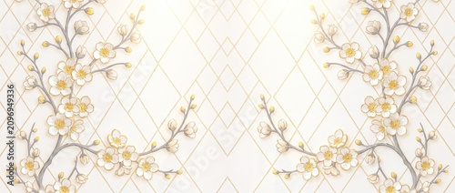 Elegant floral background with cherry blossom branches and golden geometric diamond pattern, luxury wallpaper design with white flowers and gold lines