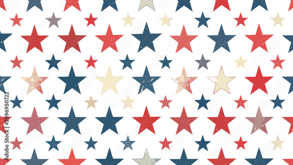 Fototapeta premium Vibrant seamless pattern of scattered stars in red, blue, gold, and beige tones, cheerful patriotic illustration perfect for celebration and festive design concepts