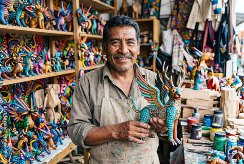 Mexican artisan proudly holding a colorful handmade alebrije inside a traditional Oaxaca workshop filled with carved wooden figures. Folk art concept