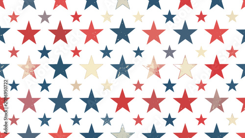 Vibrant seamless pattern of scattered stars in red, blue, gold, and beige tones, cheerful patriotic illustration perfect for celebration and festive design concepts
