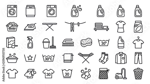 A set of black line icons related to laundry and cleaning