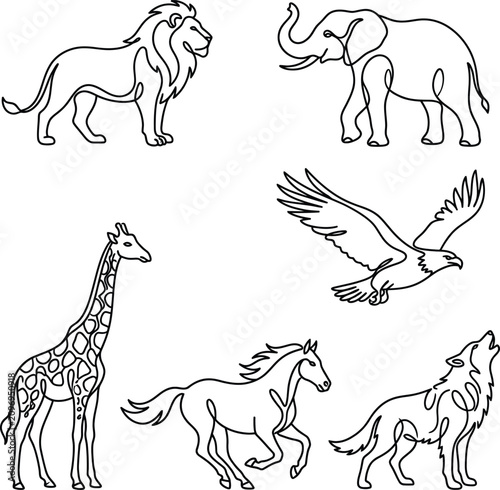 Photography Minimalist continuous line art collection of wild animals including lion elephant eagle giraffe horse and wolf silhouettes on transparent background
