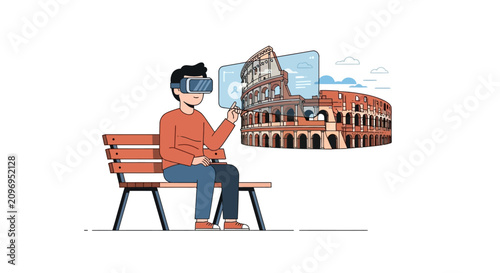 Man Wearing VR Headset Exploring Virtual Roman Colosseum on Park Bench - Immersive Technology and Digital Tourism Concept