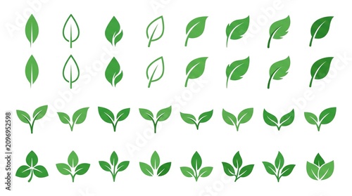 Collection of green leaf icons in various shapes and styles