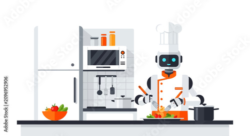 Futuristic AI Robot Chef Character Cooking Healthy Food in a Modern Minimalist Kitchen Flat Vector Illustration