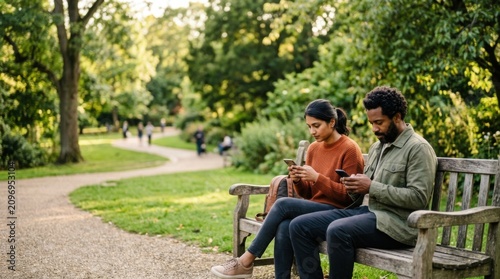 Young couple sitting on outdoor autumn park bench checking destination routing maps via smartphone application screen