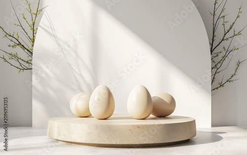 Four beige eggs are arranged on a circular light beige stone pedestal against a minimalist white background with delicate spring branches.