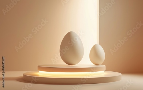 Two pale beige eggs sit on a two-tiered illuminated circular platform against a muted beige backdrop.