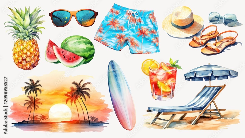 Obraz premium Watercolor summer isolated image set