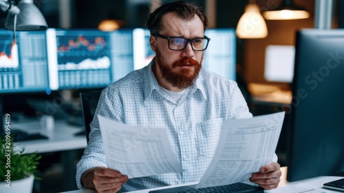 Businessman Reviewing Financial Reports with Intense Focus