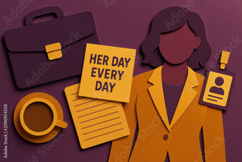 Professional woman flat lay illustration with briefcase, notepad, coffee, and name badge in purple and gold tones, featuring sticky note message celebrating female leadership