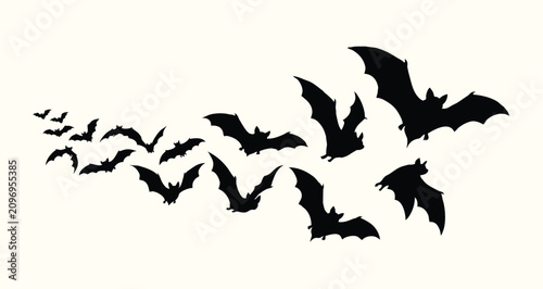 Obraz na płótnie Flying bats silhouette set Halloween horror background vector illustration