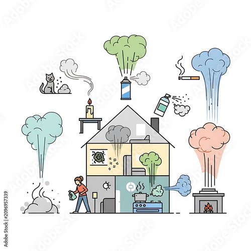 Eco-friendly home with sustainable living elements illustration.