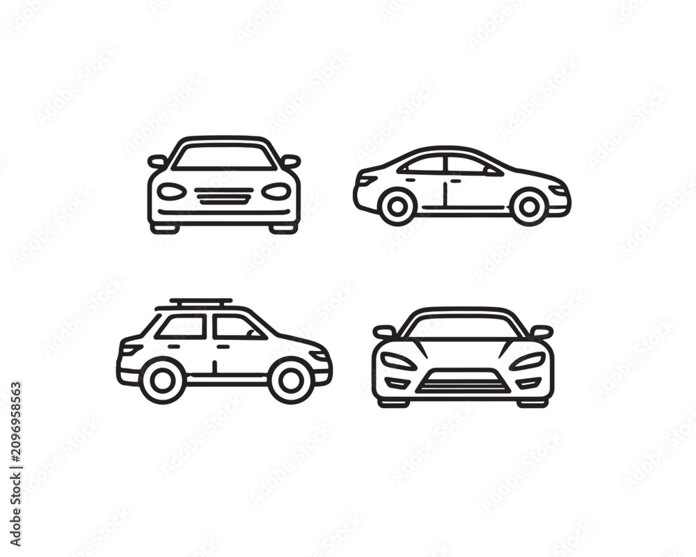 Obraz premium Car Outline Vector Icon Set – Sedan, SUV and Sports Car Line Icons.