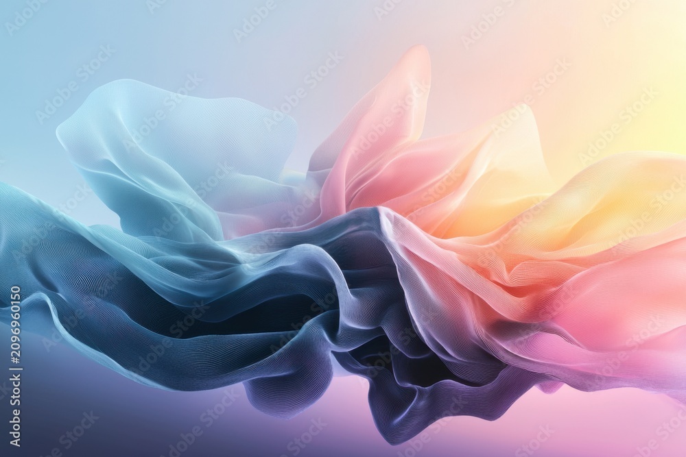 Fototapeta premium Abstract flowing fabric with soft pastel light and smooth wave shape, blue pink purple gradient background