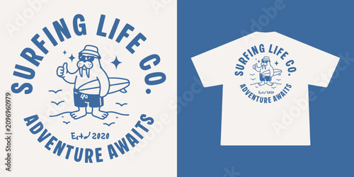 Sticker Hand-drawn Retro illustration of summer club, surfing Graphic Design for T shirt