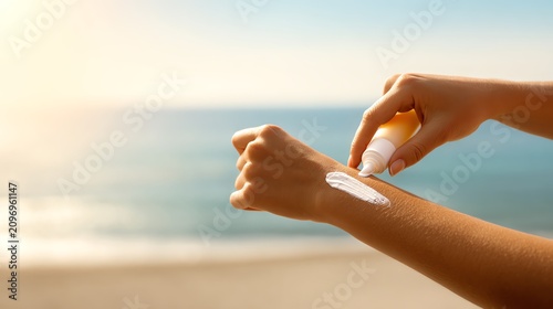 Applying sunscreen for sun protection at the beach.