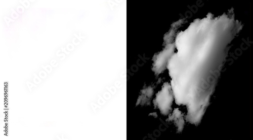 Fluffy white cloud isolated on black background, realistic cumulus cloud cutout for compositing, soft atmospheric vapor texture