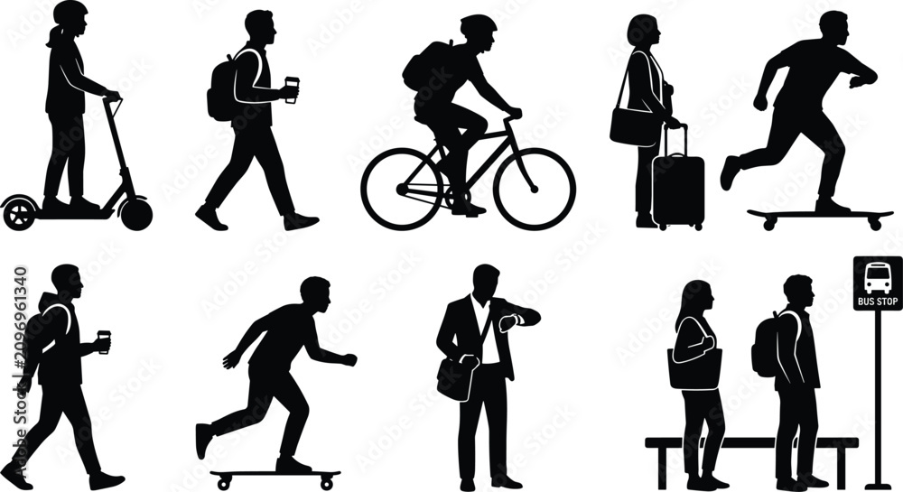 Fototapeta premium City commuters silhouettes set featuring people riding electric scooter bicycle skateboarding walking and waiting at bus stop