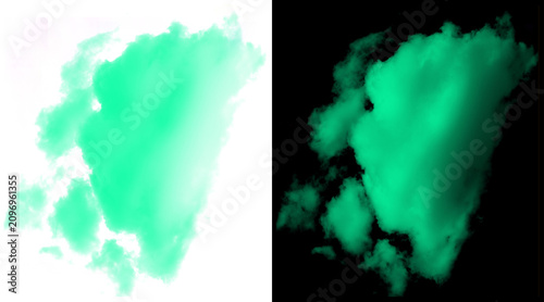 Emerald green smoke cloud on white and black background, vibrant teal ink splash texture, ethereal mint vapor puff for design overlays