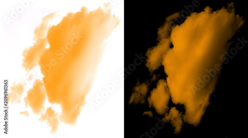 Golden orange cloud isolated on white and black background, ethereal sunset smoke texture, vibrant atmospheric vapor element for digital compositing