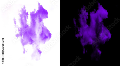 Purple ink splash and smoke effect on white and black background, abstract violet watercolor cloud, vibrant liquid paint explosion for creative design