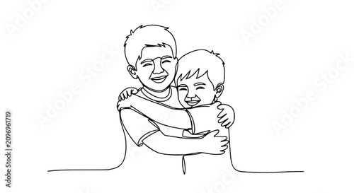 Bild auf Leinwand Two happy brothers hugging, simple line art, celebrating sibling love and connec