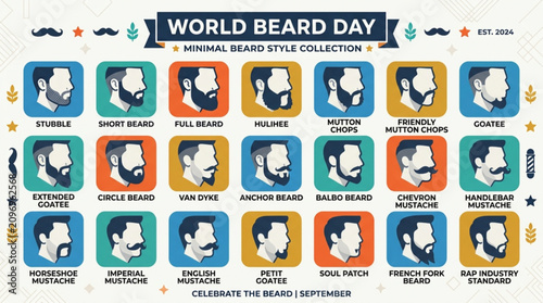 Bild auf Leinwand World beard day minimalist style collection infographic with labels patterned ba