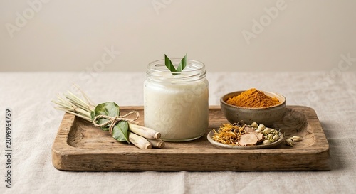 Natural spa products with lemongrass turmeric and herbal ingredients