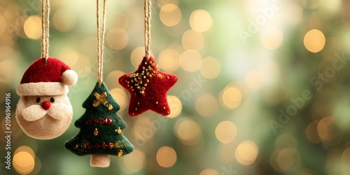 Felt Christmas ornaments hanging on strings Santa hat