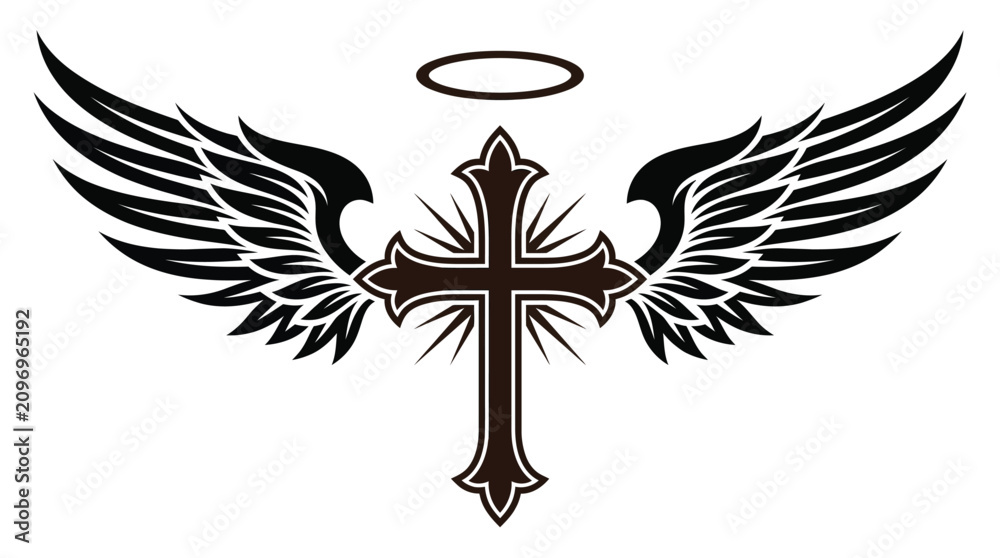 Obraz premium Ornate christian cross icon featuring detailed black feathered wings and a glowing halo above design