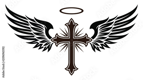 Ornate christian cross icon featuring detailed black feathered wings and a glowing halo above design