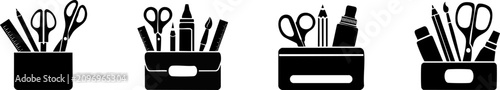Black and white silhouettes of four different pencil holders filled with stationery items like scissors, pencils, rulers, and markers.