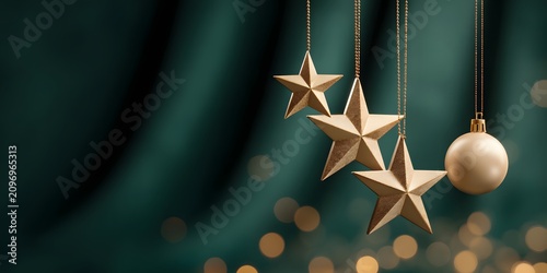 Gold christmas ornaments hanging from strings against green background