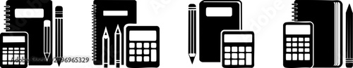 Four black and white icons showing combinations of a notebook, pencils, a pen, and a calculator in various arrangements.