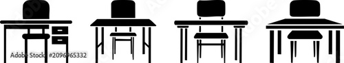 Black and white silhouettes of four different desk and chair sets in a row, each varying slightly in design and structure.