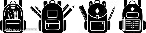 Four black and white backpack icons, each with different front pocket and item designs including pencils and a notebook.