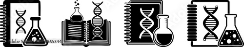 Black and white icons featuring DNA strands, laboratory flasks, and scientific notebooks symbolizing genetics and scientific research.