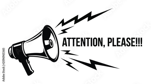 Black and white vintage megaphone illustration featuring bold text for urgent public service announcement marketing campaigns