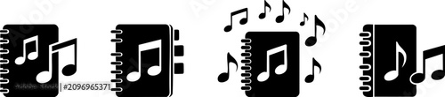 Black and white icons of musical notebooks with musical notes, symbolizing music composition and creativity.