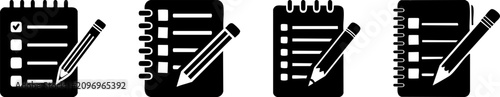 A black and white vector image showing four spiral notebooks, each with a pencil positioned diagonally over them.