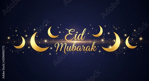 Eid Mubarak greeting with golden crescent moon and stars.