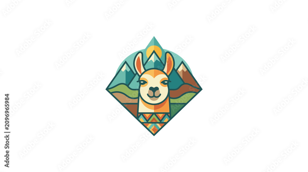 Fototapeta premium Geometric Llama Portrait in Mountain Landscape, Geometric Llama Art, Andes Mountains