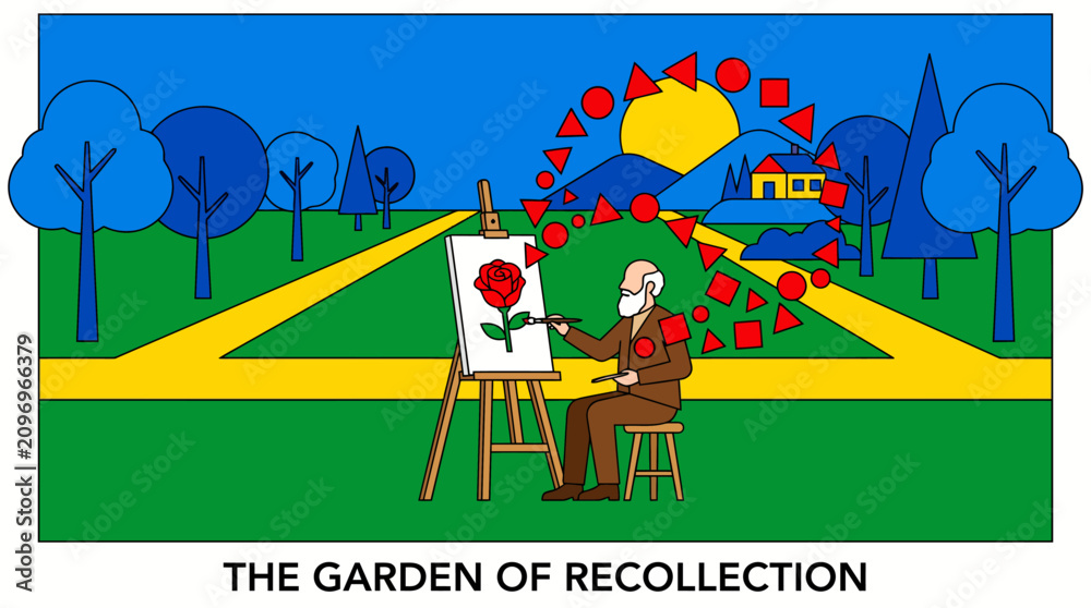Fototapeta premium Artist painting rose in conceptual garden illustration.