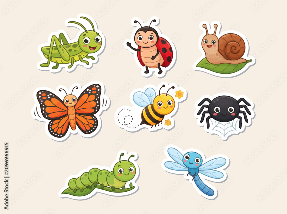 Fototapeta premium Cute Insects Sticker Set Cartoon Vector Illustration