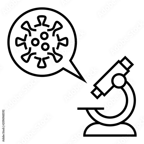 Simple line art illustration of a microscope with a virus symbol in a speech bubble, representing microbiology, laboratory research, infection analysis, diagnostics, healthcare, and medical science.