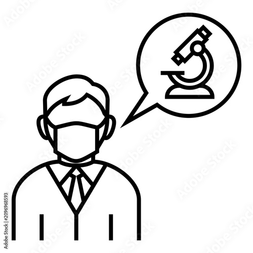 Clean line illustration of a scientist wearing a face mask with a speech bubble containing a microscope, representing scientific communication, research, education, and laboratory discussions.