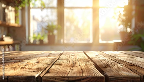 Sunlit Rustic Wooden Table in Cozy Library with Bookshelves and Greenery in Soft Focus Background